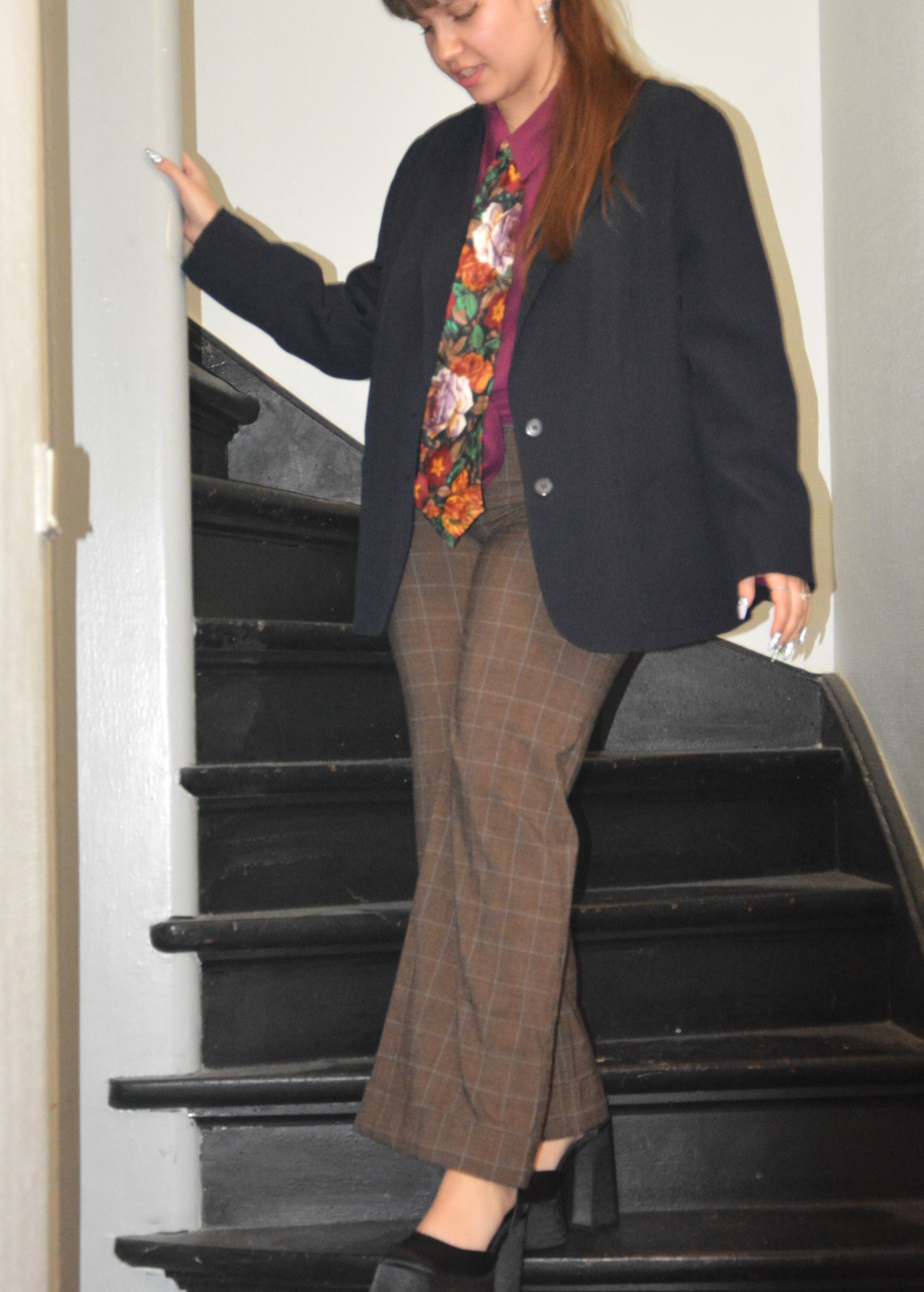 Pantalon flare à carreaux marron | création française